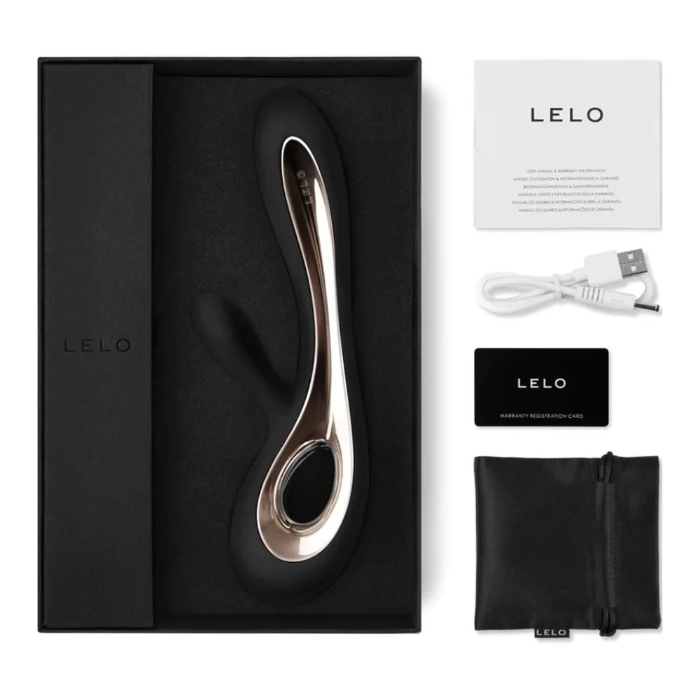 Emballage noir du vibromasseur rabbit Lelo Soraya 2, présentant le produit en or rose avec ses deux branches courbes et bras externe flexible, visible dans une fenêtre de présentation