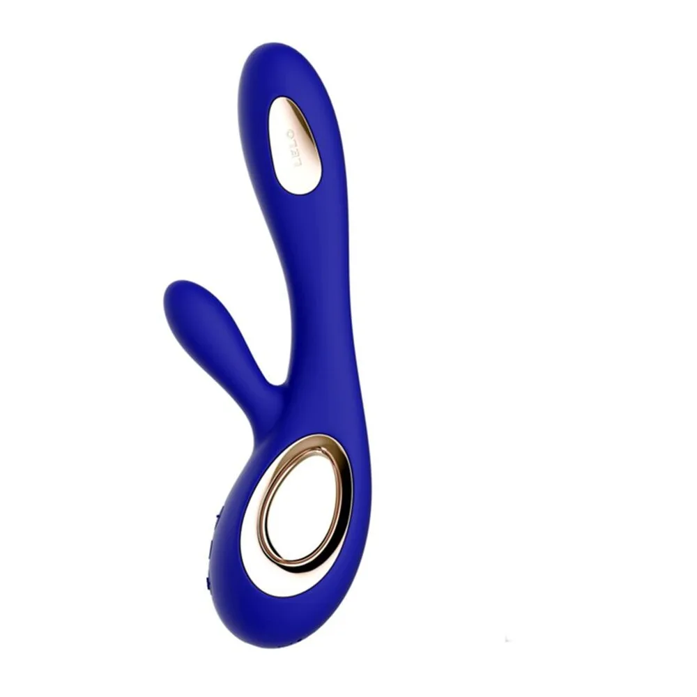 Vibromasseur rabbit en silicone bleu nuit avec tige incurvée et bras de stimulation, détails doré brossé, fond blanc