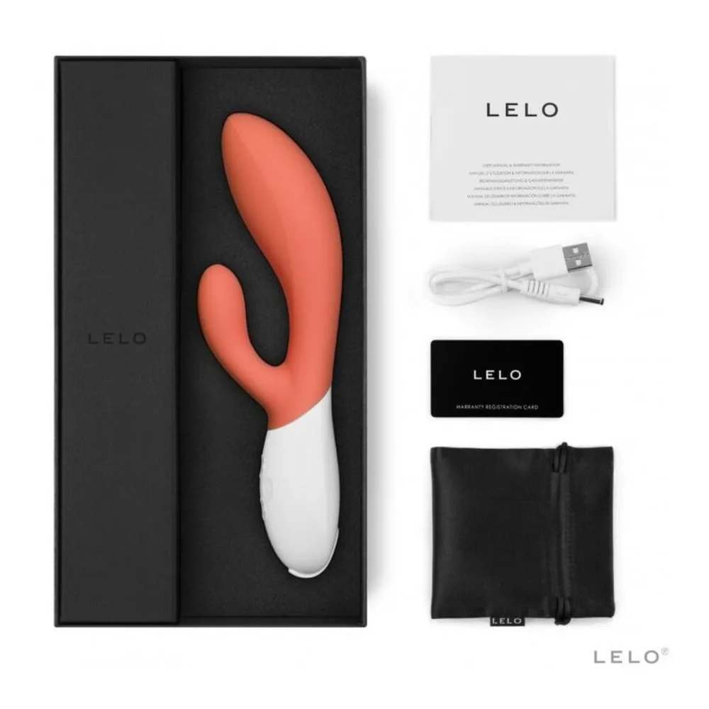 Vibromasseur rabbit Ina 3 en silicone, corps corail et branches blanc, poignée blanche avec boutons de commande