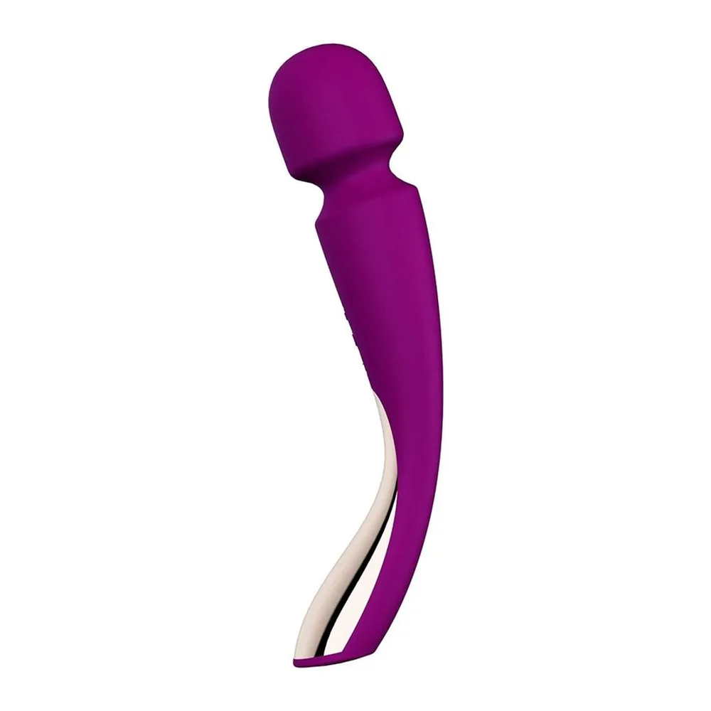 Wand vibrateur rose profond avec tête arrondie et corps conique, poignée blanche et noire, fond blanc