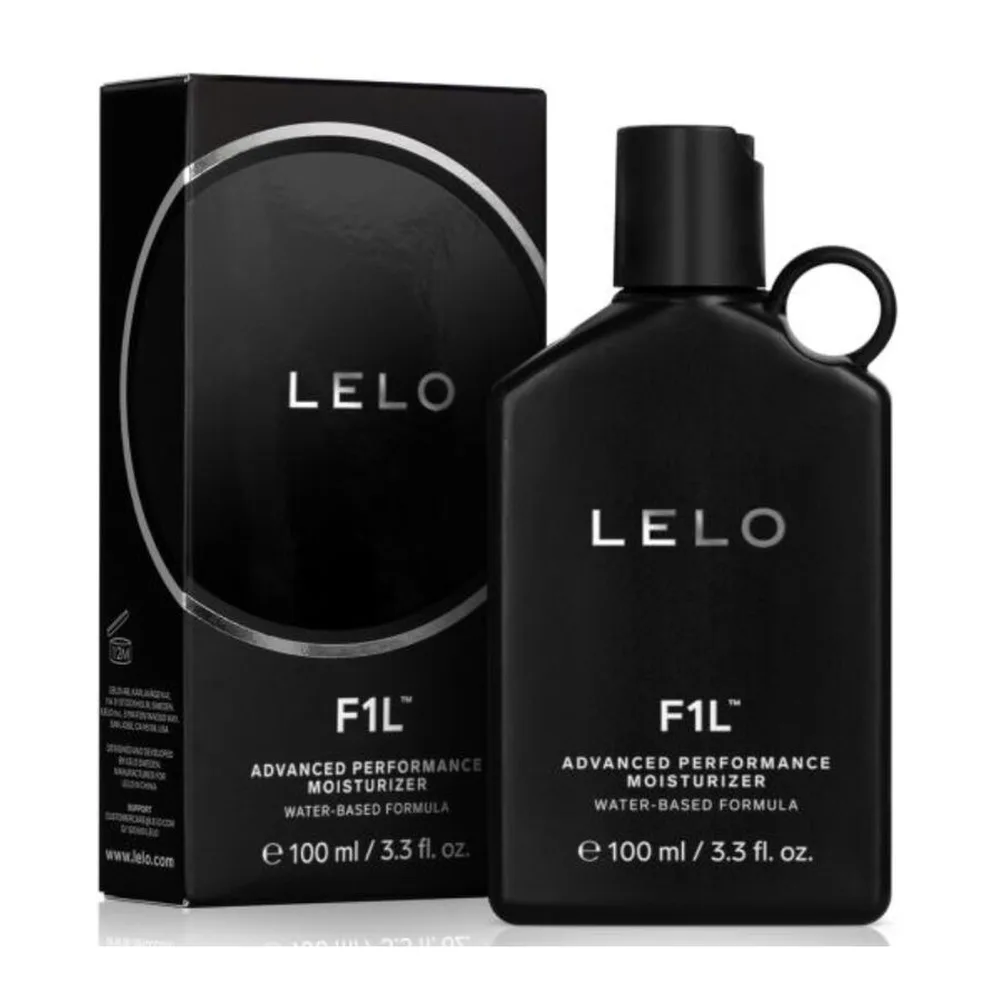 Emballage et flacon noir du lubrifiant hydratant F1L de Lelo, formule à base d'eau, 100 ml, avec bague de transport intégrée au bouchon