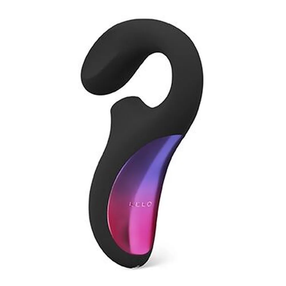 Stimulateur clitoridien en silicone noir et rose à dégradé violet, forme ergonomique avec boucle de retenue, marquage LELO visible sur le corps