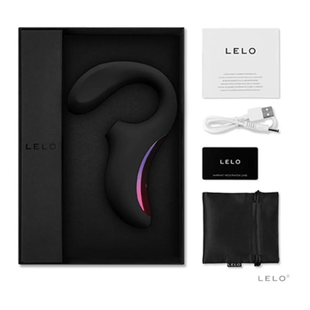 Stimulateur clitoridien en silicone noir et rose à dégradé violet, forme ergonomique avec boucle de retenue, marquage LELO visible sur le corps