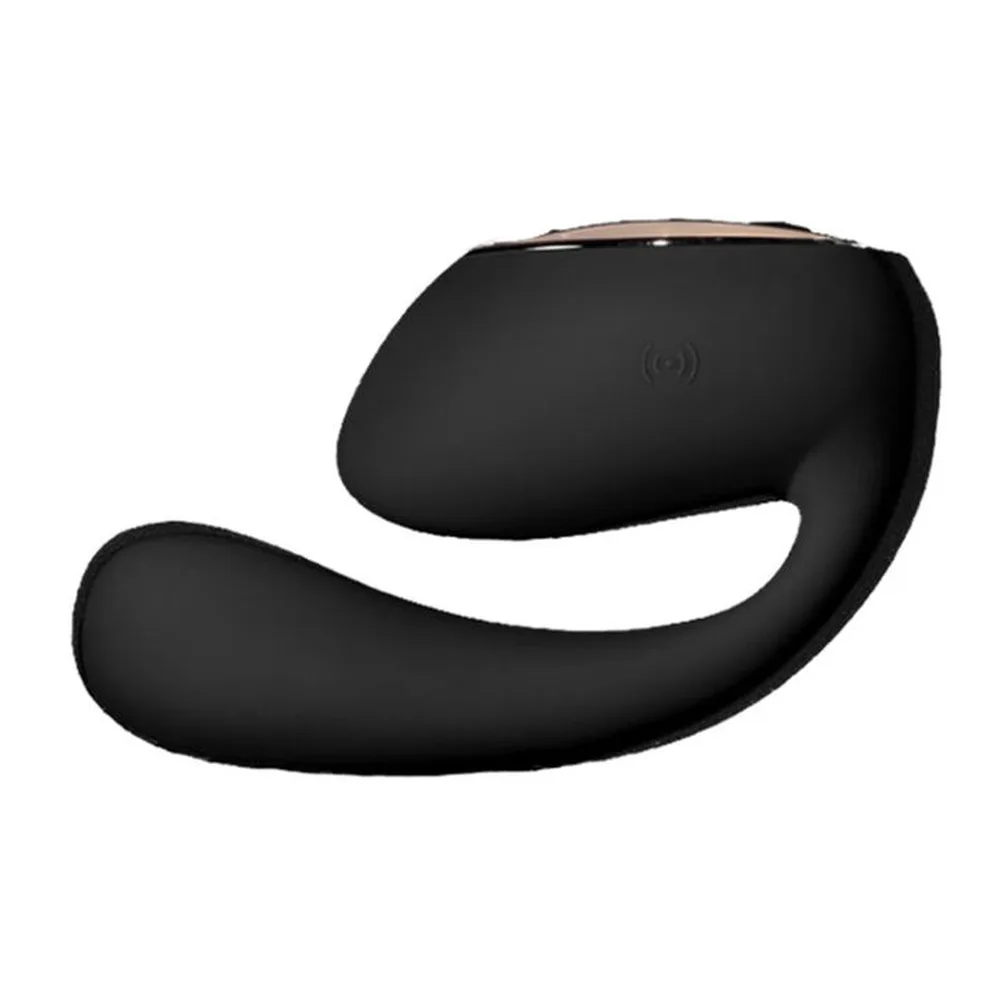 Vibromasseur noir en silicone avec tête arrondie beige, corps courbé et poignée ergonomique, moteurs visibles par symboles discrets sur le côté