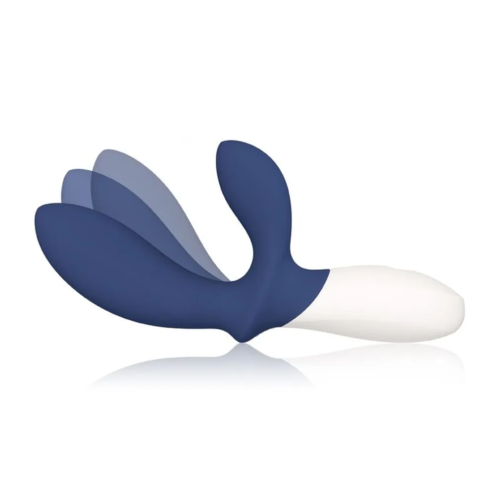 Stimulateur de prostate en silicone bleu marine avec bras interne articulé et poignée blanche, sur fond blanc