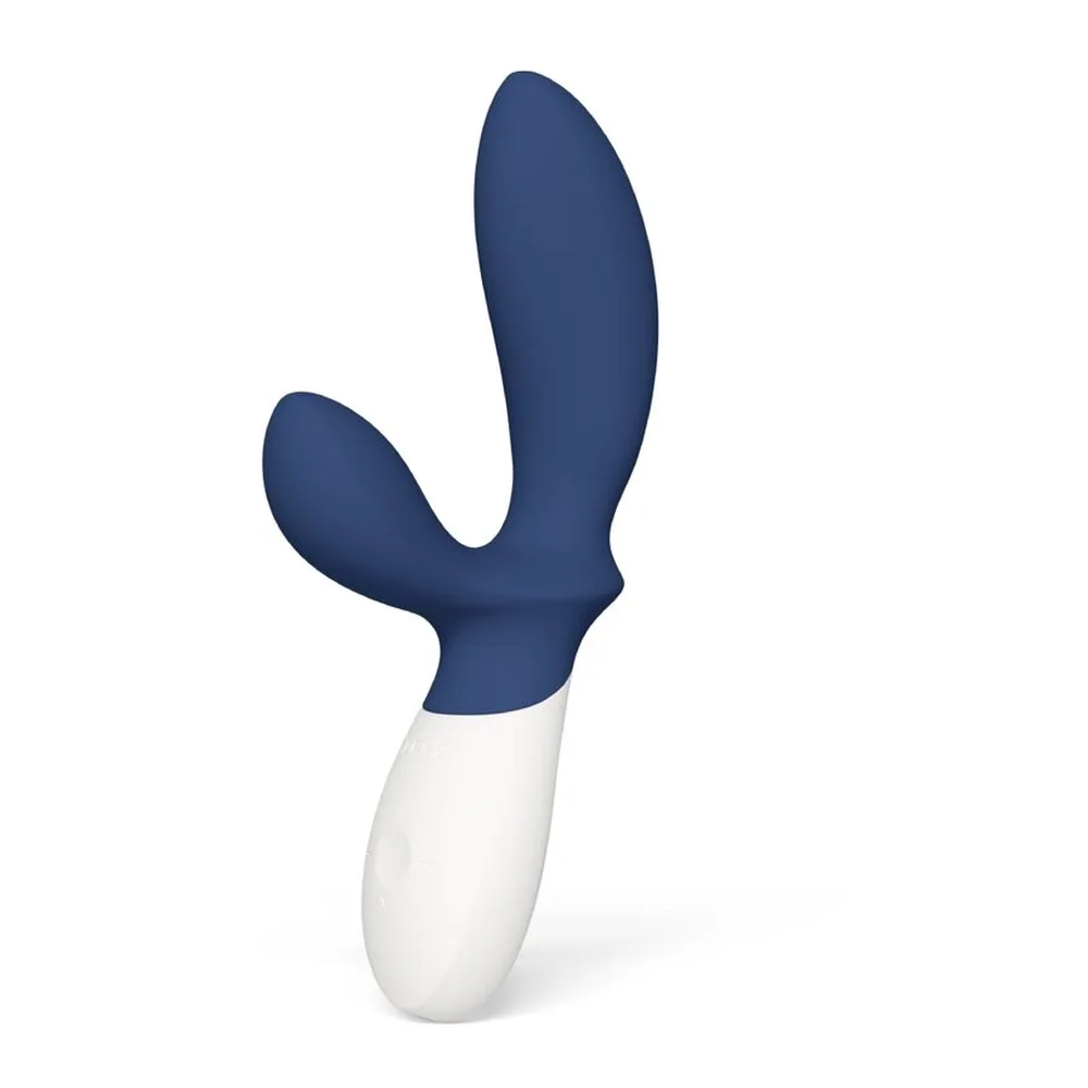Stimulateur de prostate en silicone bleu marine avec bras interne articulé et poignée blanche, sur fond blanc