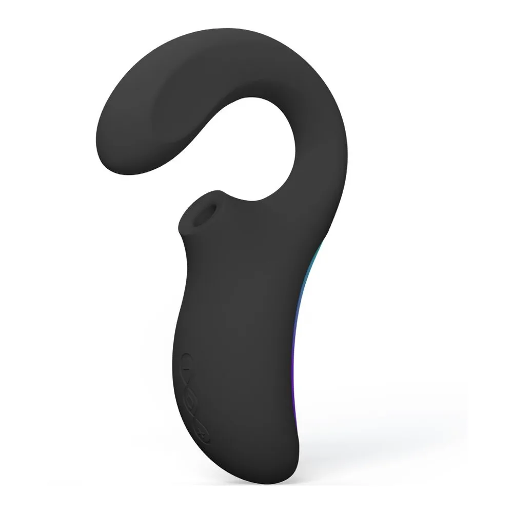 Stimulateur clitoridien noir en silicone, forme ergonomique avec tête en dôme et corps incurvé, détails de texture visibles sur la surface