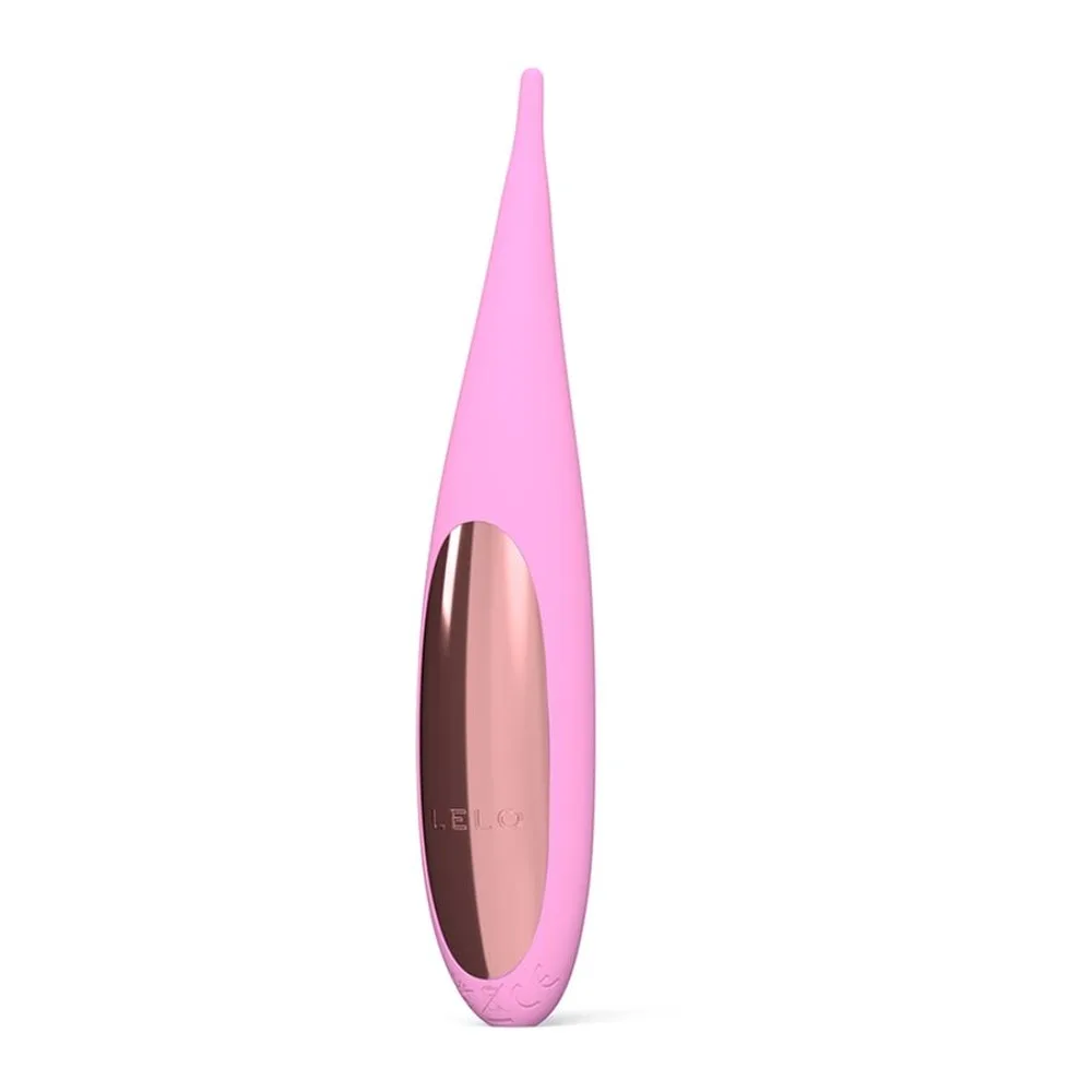 Stimulateur clitoridien rose en silicone, forme allongée effilée avec embout arrondi brun foncé, sur fond blanc