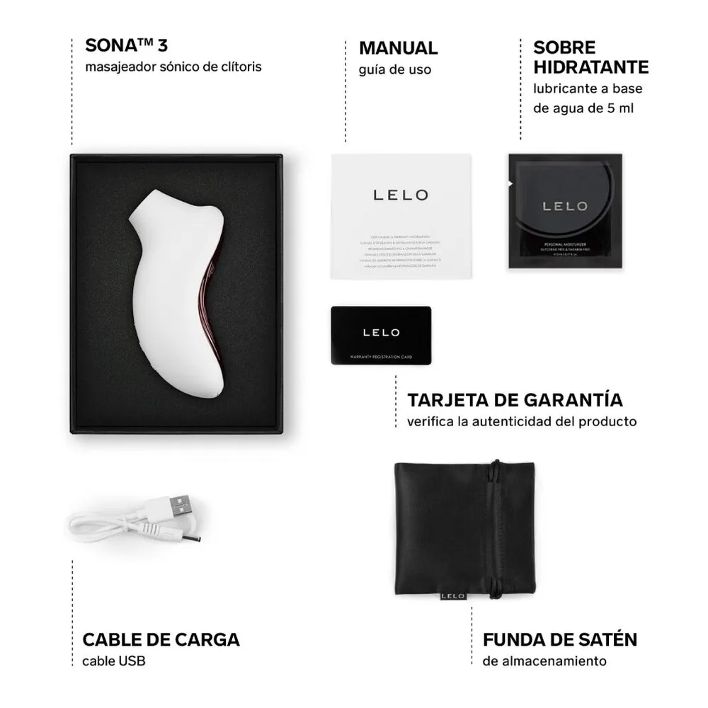 Contenu complet du kit Sona 3 : stimulateur clitoridien blanc et prune en silicone, manuel d'utilisation, lubrifiant hydratant, câble USB de charge, housse de rangement en satinette noire et certificat d'authenticité LELO