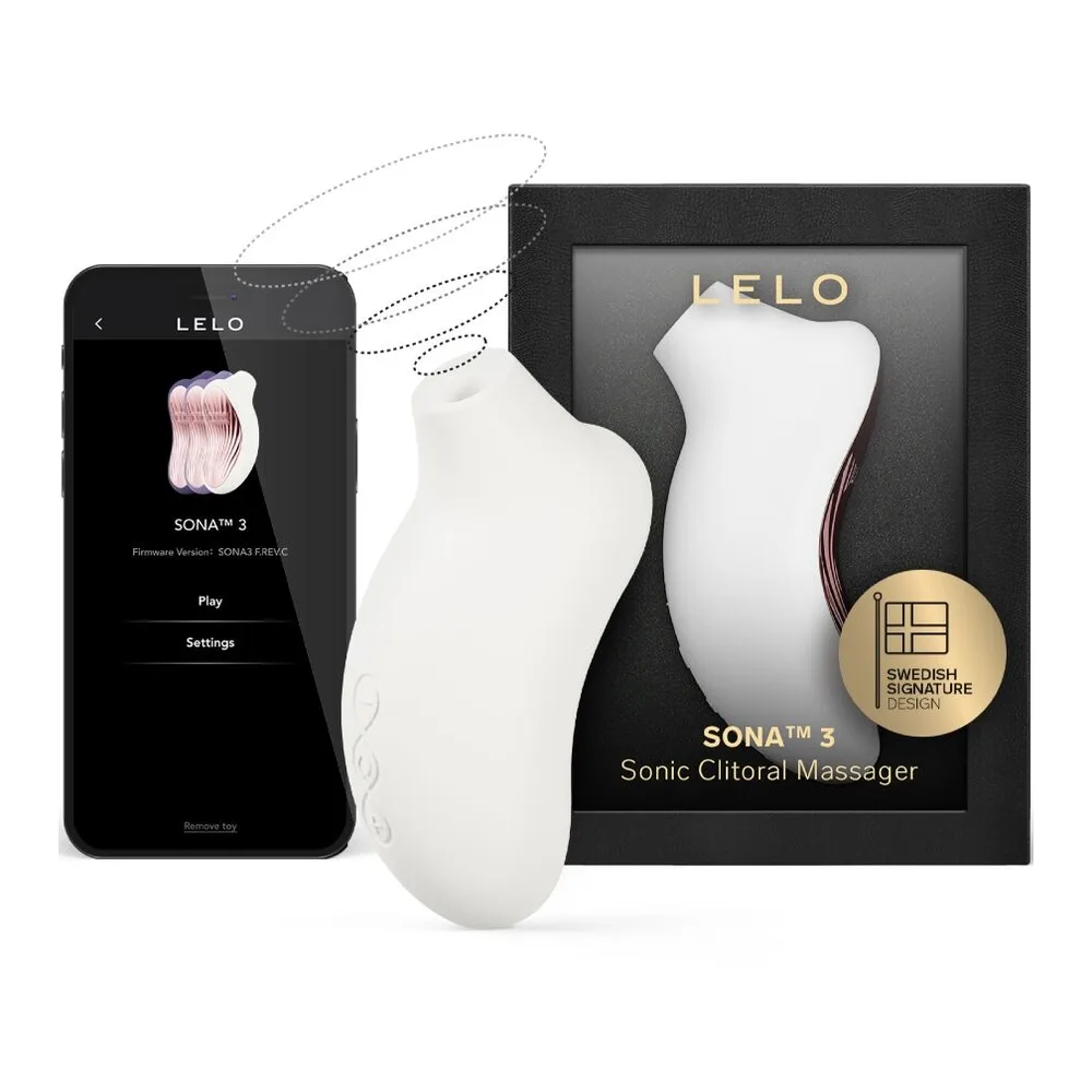 Contenu complet du kit Sona 3 : stimulateur clitoridien blanc et prune en silicone, manuel d'utilisation, lubrifiant hydratant, câble USB de charge, housse de rangement en satinette noire et certificat d'authenticité LELO