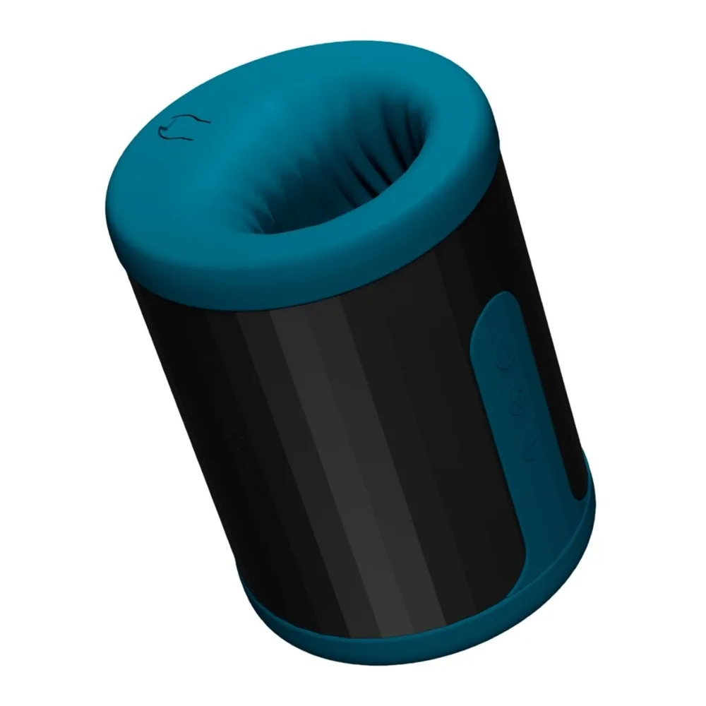 Masturbateur cylindrique en silicone noir et bleu pétrole, ouverture en haut avec rebord bleu, petit logo sur le côté