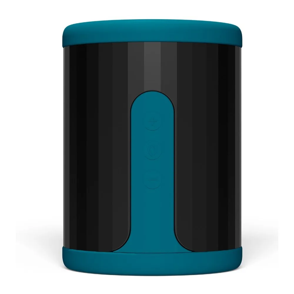 Masturbateur cylindrique en silicone noir et bleu pétrole, ouverture en haut avec rebord bleu, petit logo sur le côté