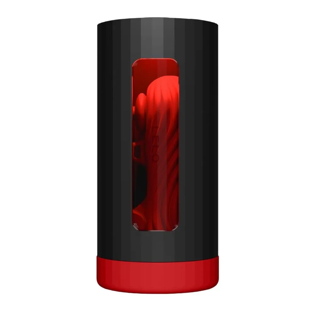 Emballage noir du masturbateur LELO F1s V3, présentant le produit en silicone rouge à travers une fenêtre transparente, avec bande rouge et inscriptions dorées