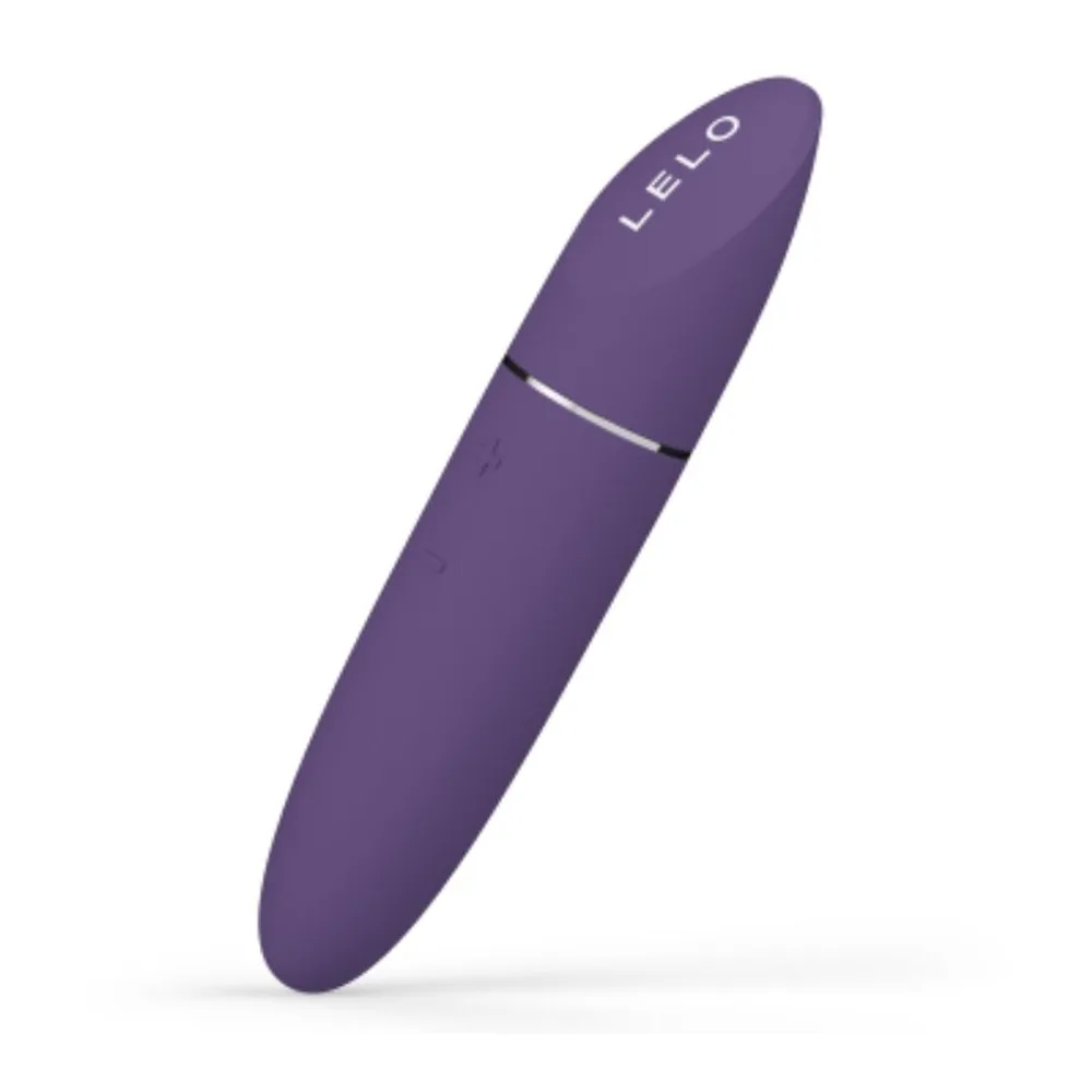 Emballage noir ouvert de stimulateur clitoridien LELO Mia 3 en silicone violet, avec brochure, pochette de rangement et carte d'enregistrement