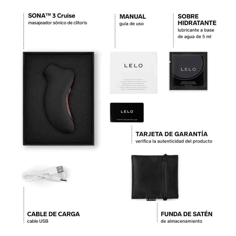 Contenu complet du coffret Sona 3 Cruise : stimulateur clitoridien noir en silicone, manuel d'utilisation, sachet lubrifiant hydratant, cable de charge USB, étui de transport en satin noir et carte de garantie