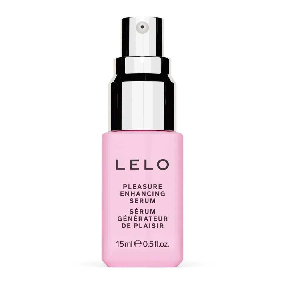 Flacon de sérum rose pâle de 15 ml avec pompe spray blanc et noir, étiquette LELO « Pleasure Enhancing Serum »