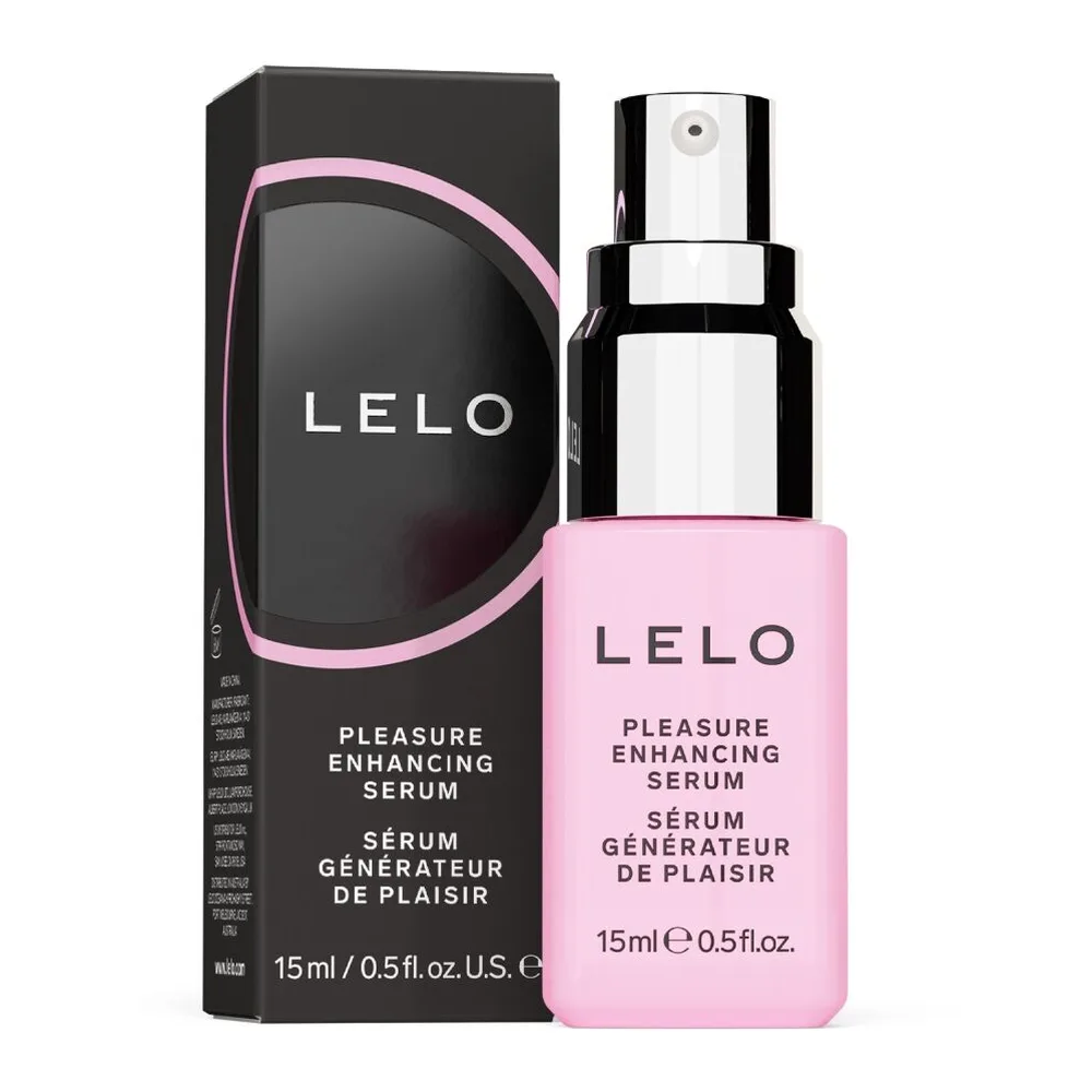 Flacon de sérum rose pâle de 15 ml avec pompe spray blanc et noir, étiquette LELO « Pleasure Enhancing Serum »