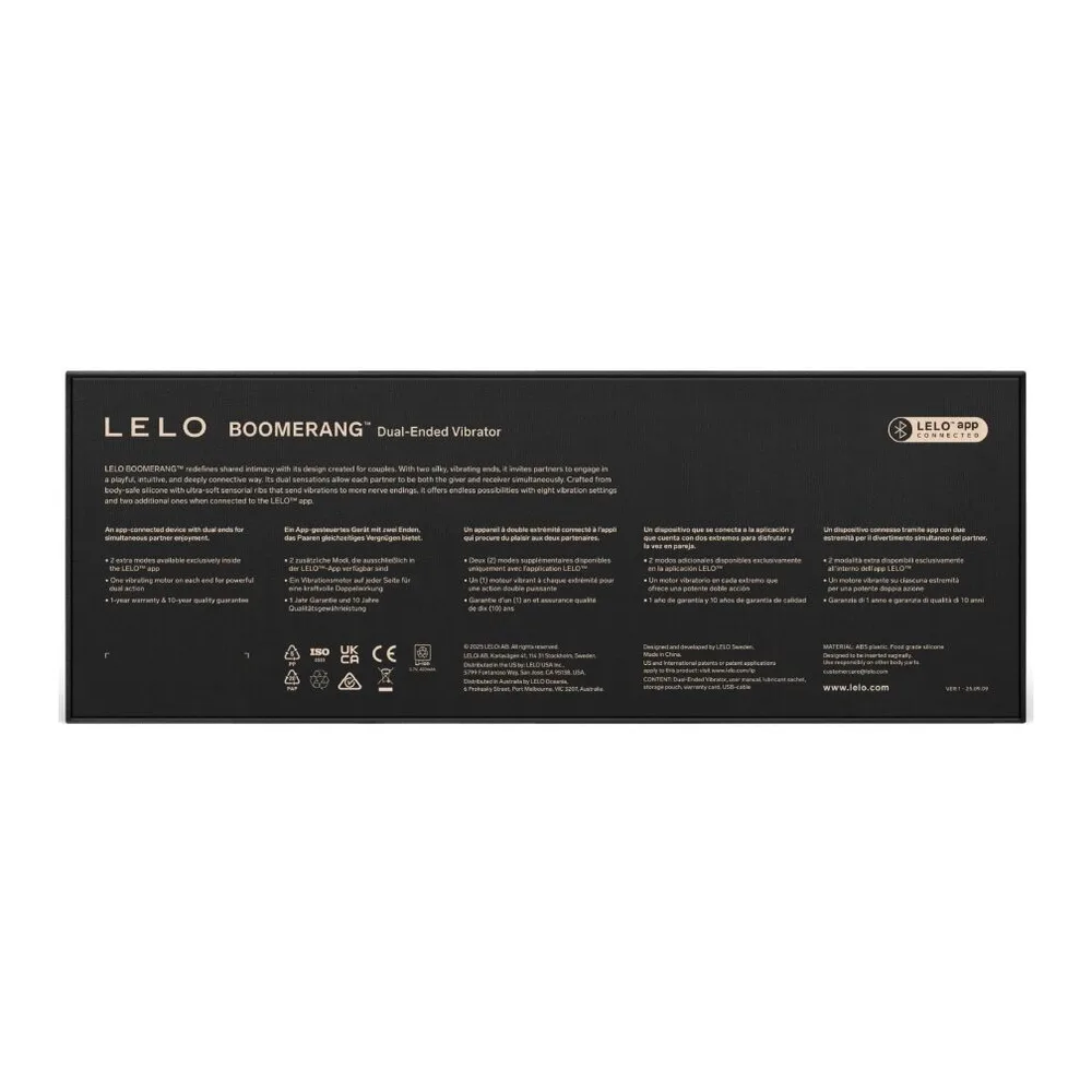 Emballage noir du vibromasseur point G Boomerang de Lelo, présentant les caractéristiques et modes d'utilisation avec certifications de conformité