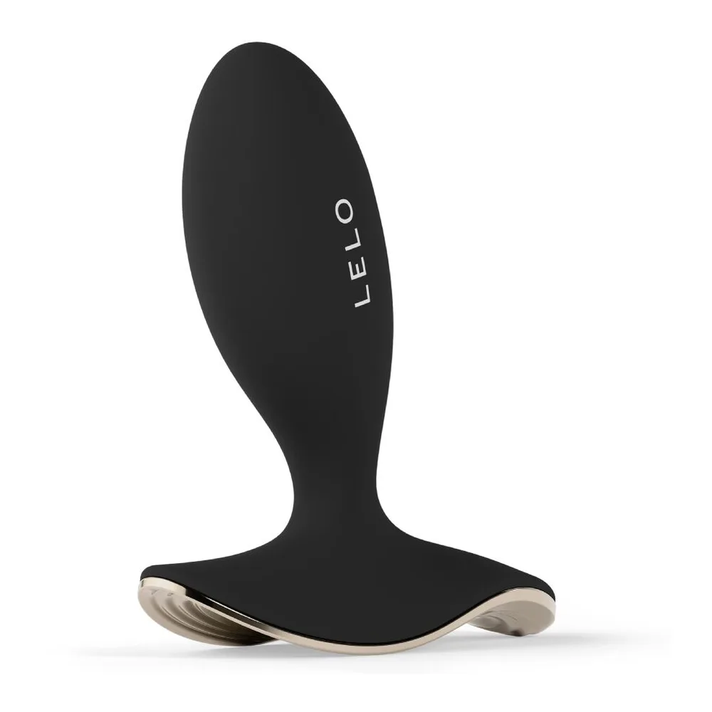 Plug anal Surfer 2 en silicone bleu marine avec base évasée en acier inoxydable brossé, sur fond blanc