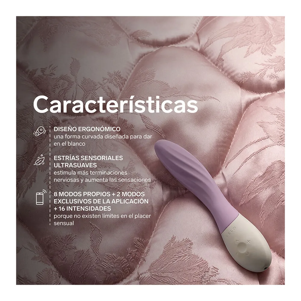 Vibromasseur Mona Twist en silicone violet et blanc avec embout large, présenté dans son emballage noir avec câble USB, pochette de rangement noire et documentation LELO