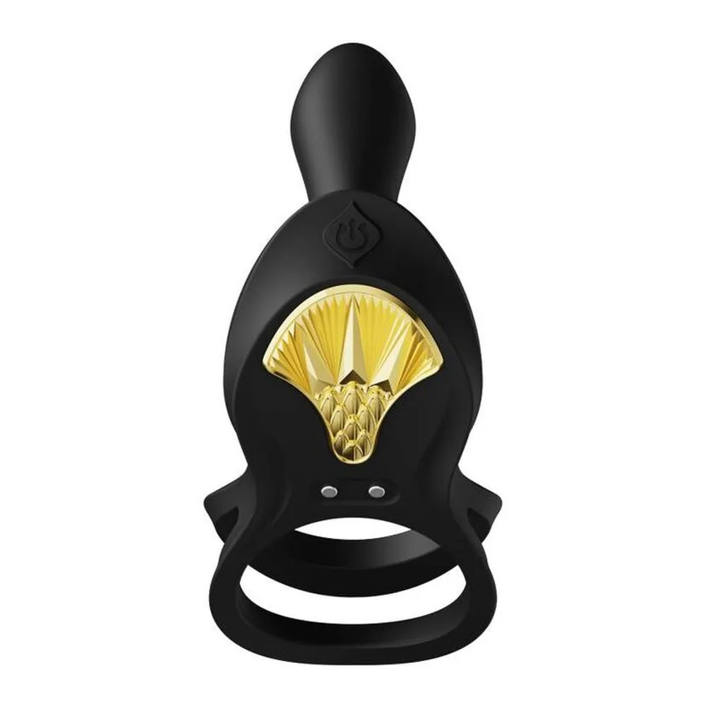 Bague vibrante noire avec base ergonomique dotée de zones de maintien et tige allongée, insert doré visible en bas, sur fond blanc