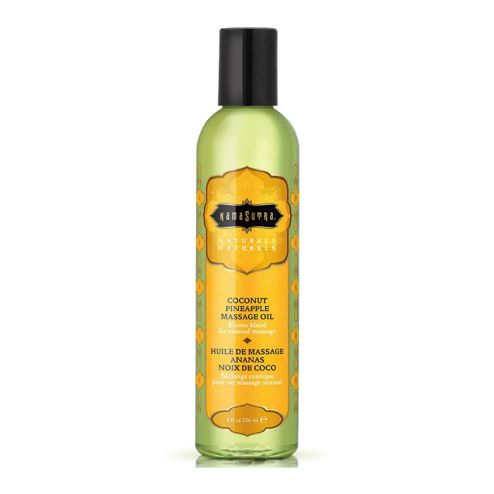 Flacon d'huile de massage Kama Sutra Naturals aux teintes vert clair et étiquette jaune ornée, avec bouchon noir, contenance 236 ml
