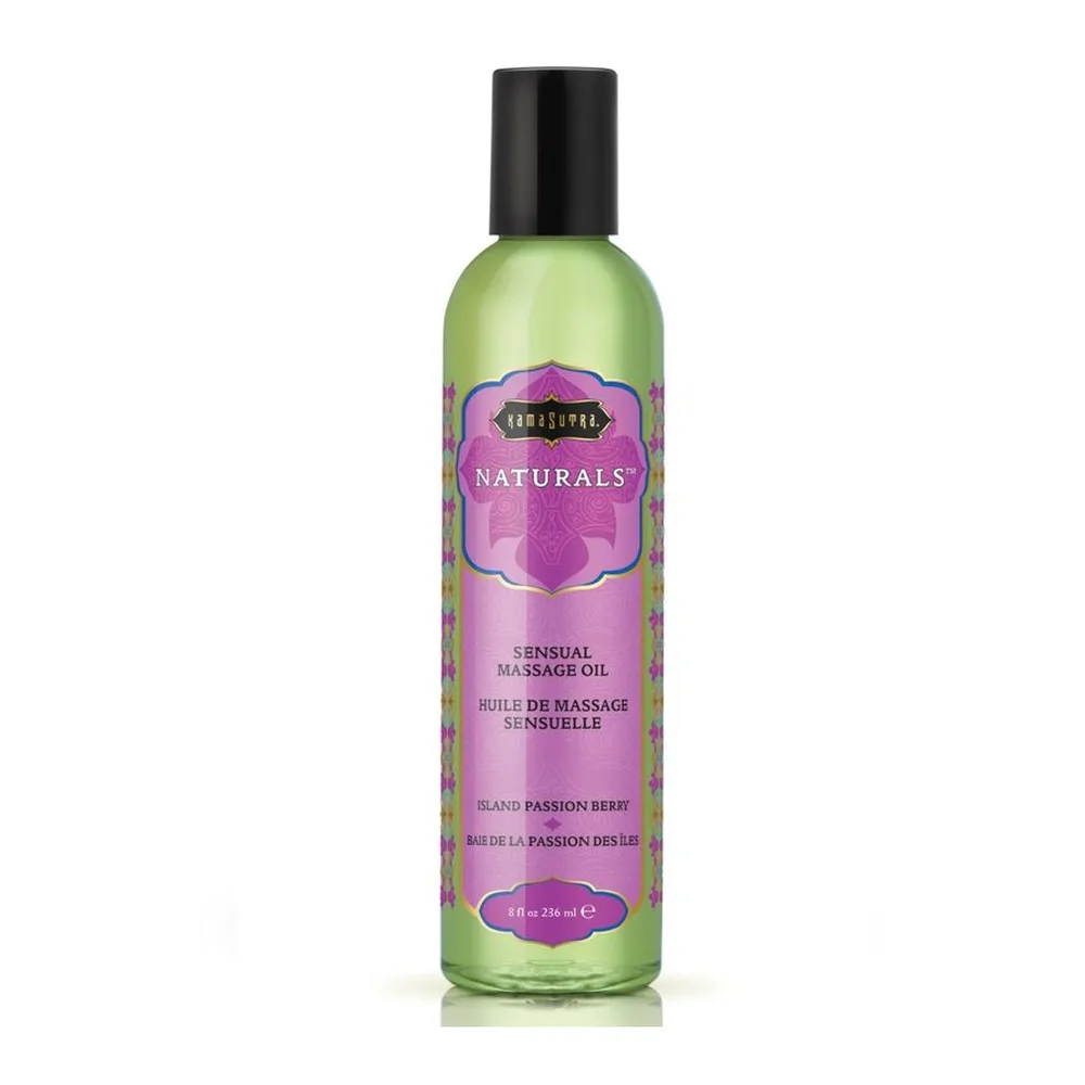 Flacon d'huile de massage verte de 236 ml avec étiquette rose et noire indiquant « Naturals Sensual Massage Oil » et « Island Passion Berry »