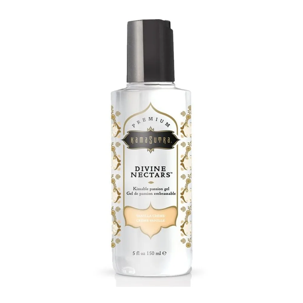 Flacon de lubrifiant Divine Nectars à base d'eau, 150 ml, étiquette blanche et or avec motifs botaniques, bouchon noir, arôme vanille-crème