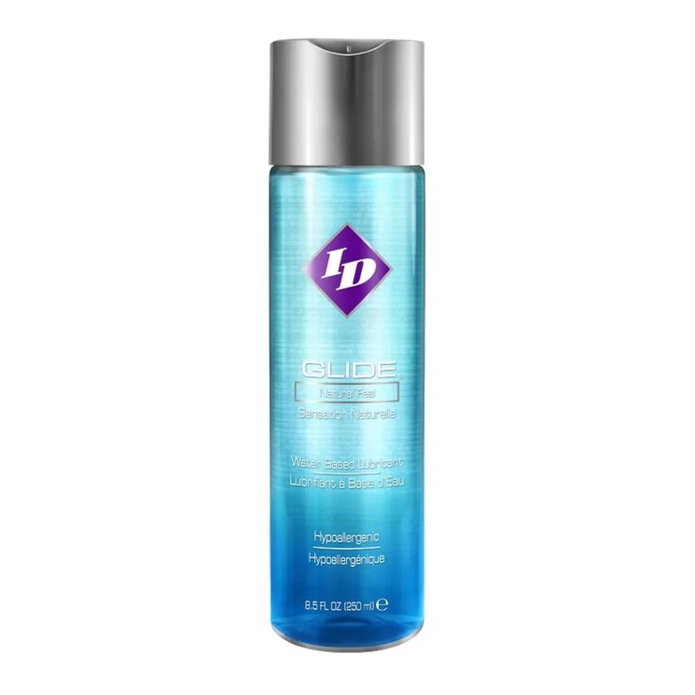 Flacon de lubrifiant Id Glide à base d'eau, de 250 ml, avec étiquette bleue dégradée et logo violet, capuchon argenté métallisé