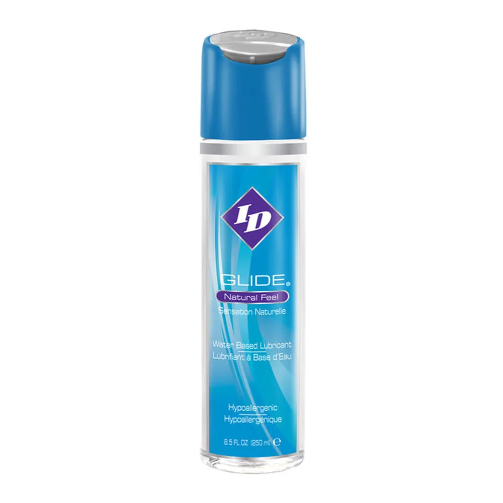 Flacon de lubrifiant Id Glide à base d'eau, de 250 ml, avec étiquette bleue dégradée et logo violet, capuchon argenté métallisé