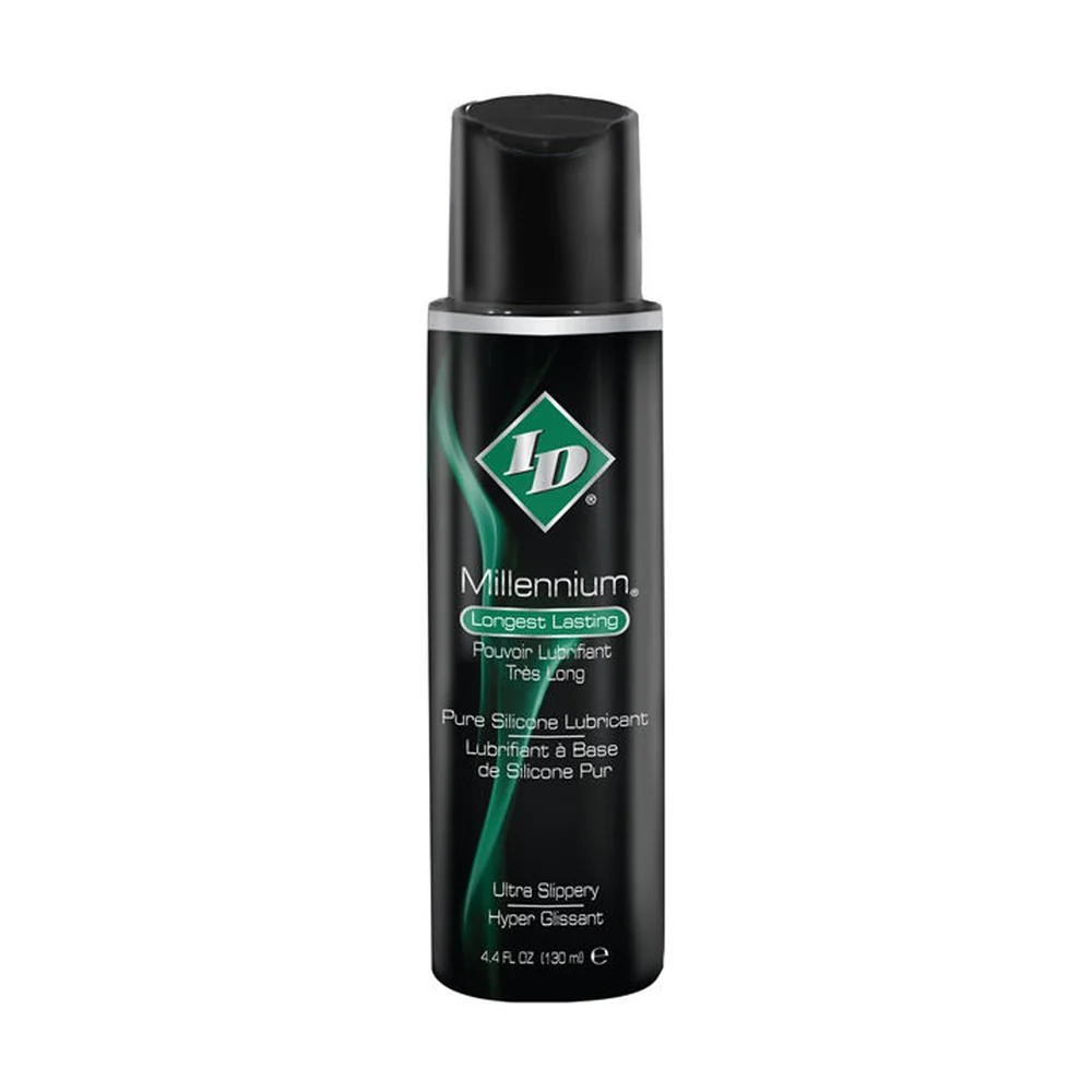 Flacon noir de 130 ml de lubrifiant silicone Millennium, avec étiquette verte et logo ID en diamant, bouchon noir vissé