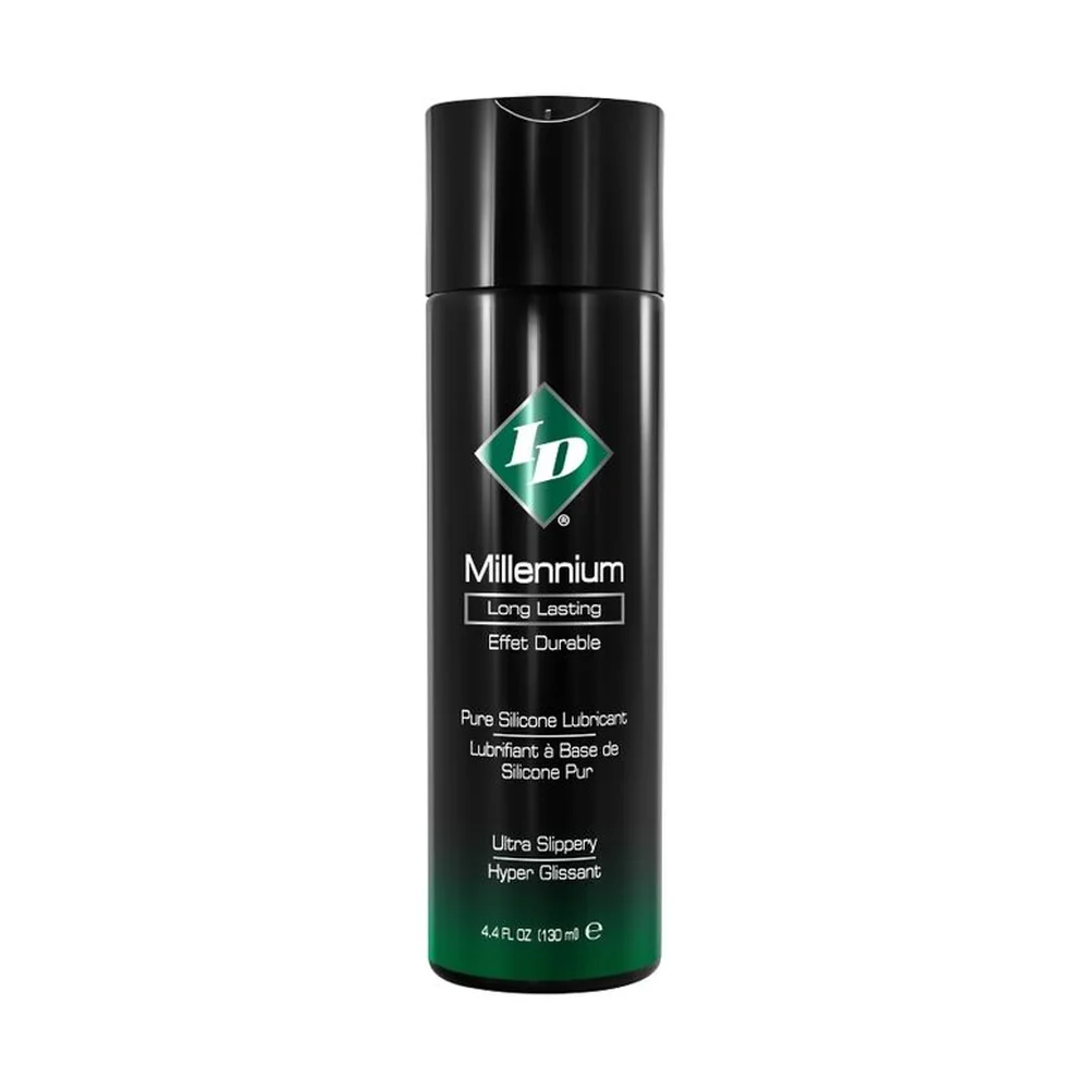 Flacon noir de 130 ml de lubrifiant silicone Millennium, avec étiquette verte et logo ID en diamant, bouchon noir vissé