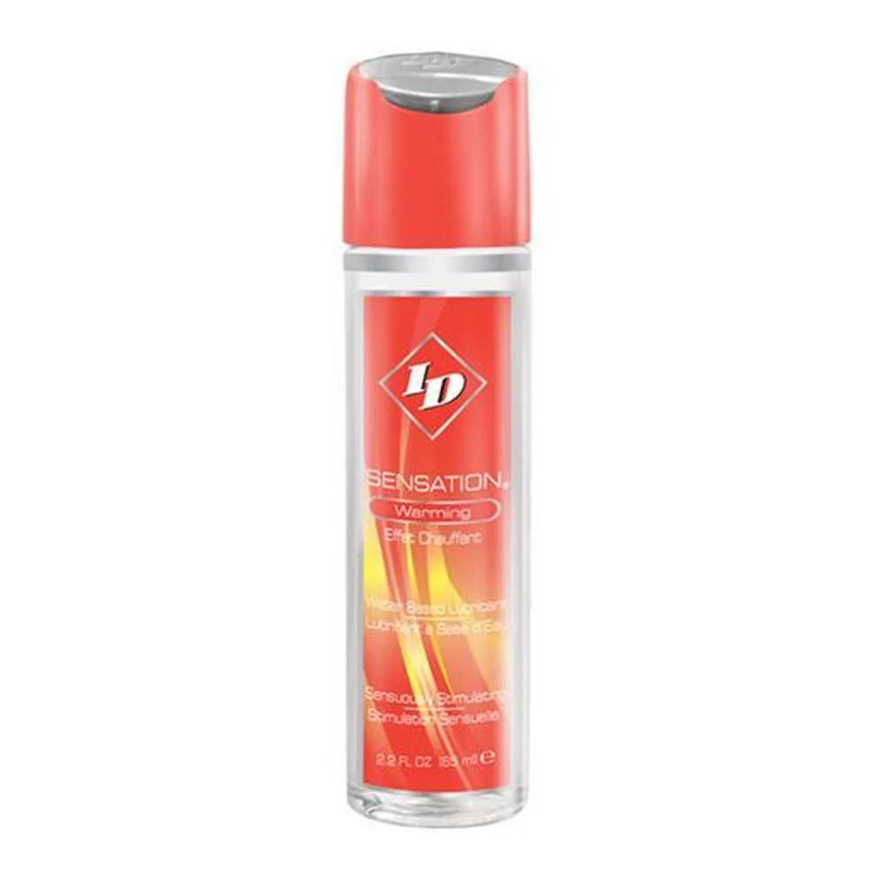 Flacon de lubrifiant à base d'eau avec bouchon argenté, contenant un gel rose à rouge, étiqueté Sensation Warming, 85 ml