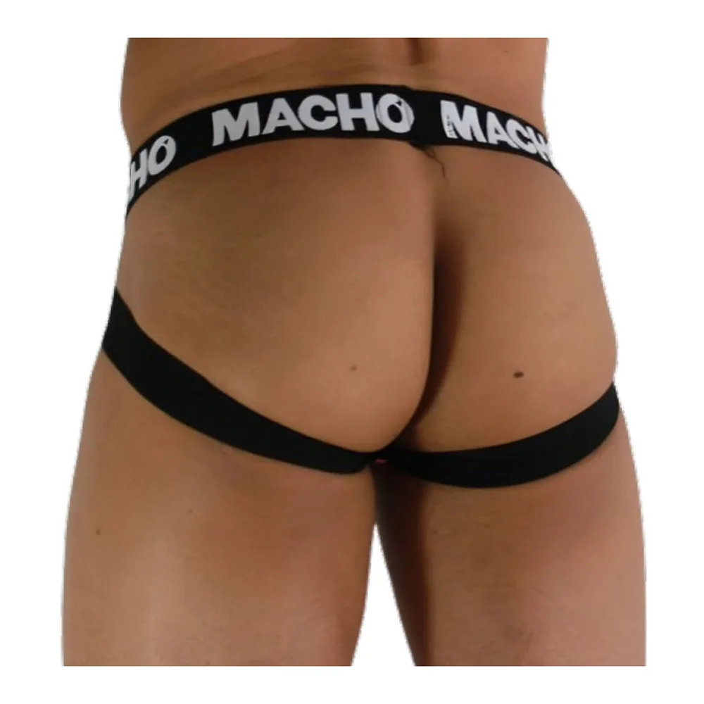 Jockstrap porté avec ceinture élastique noire marquée MACHO, devant imprimé camouflage jaune et vert kaki, côtés noirs