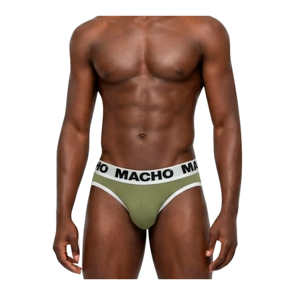 Slip vert militaire avec large ceinture blanche et noire logotée, taille basse, porté par un mannequin torse nu