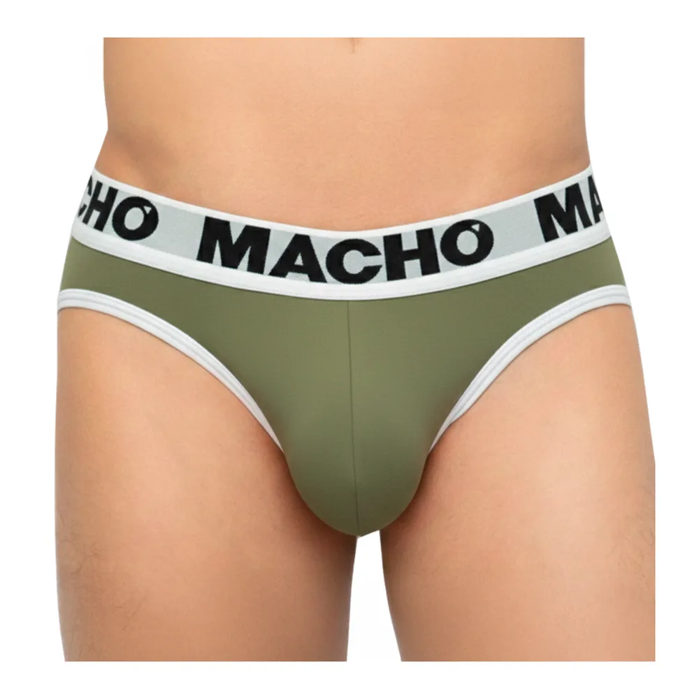 Slip vert militaire avec large ceinture blanche et noire logotée, taille basse, porté par un mannequin torse nu