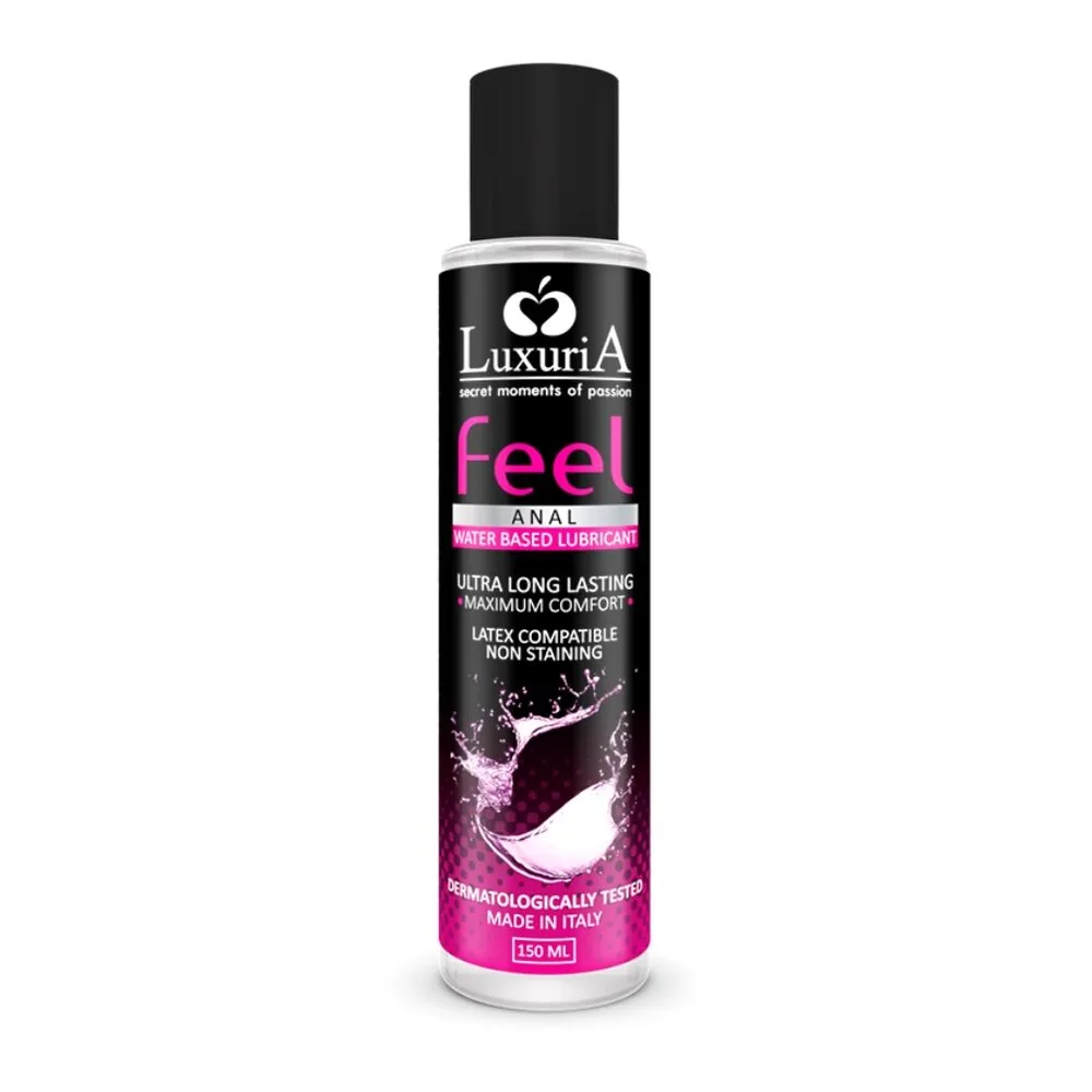 Flacon de lubrifiant à base d'eau Luxuria Feel Anal, 150 ml, design noir et rose avec étiquette détaillant les caractéristiques