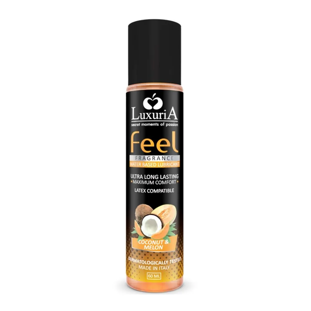 Flacon de lubrifiant Luxuria Feel 50 ml, corps noir et anneau cuivre, étiquette présentant des noix de coco et melon, compatible latex