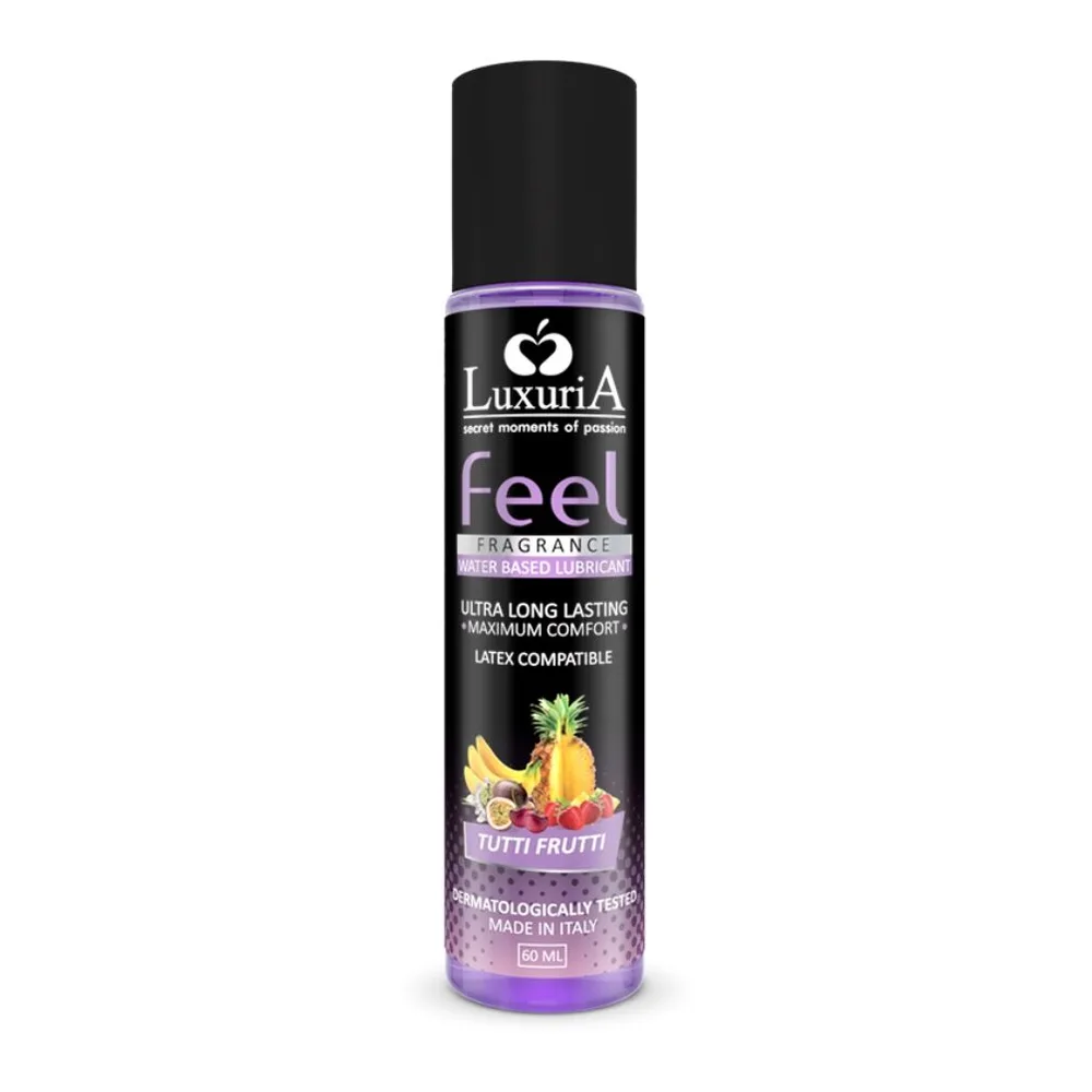 Flacon de lubrifiant Luxuria Feel à base eau, spray noir et mauve avec étiquette Tutti Frutti illustrée d'ananas et fruits, 50 ml, compatible latex