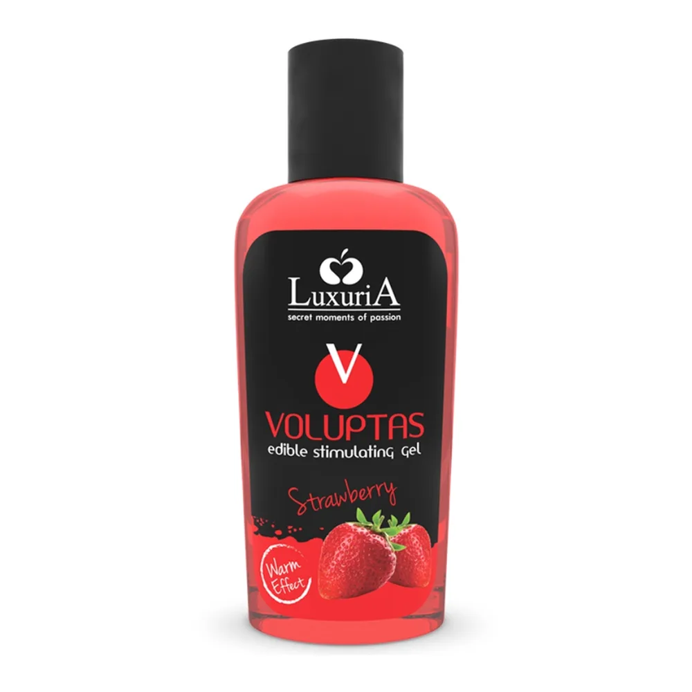 Flacon de gel de massage Voluptas à la fraise, liquide rose vif, avec étiquette noire et cap noir, présenté sur fond blanc