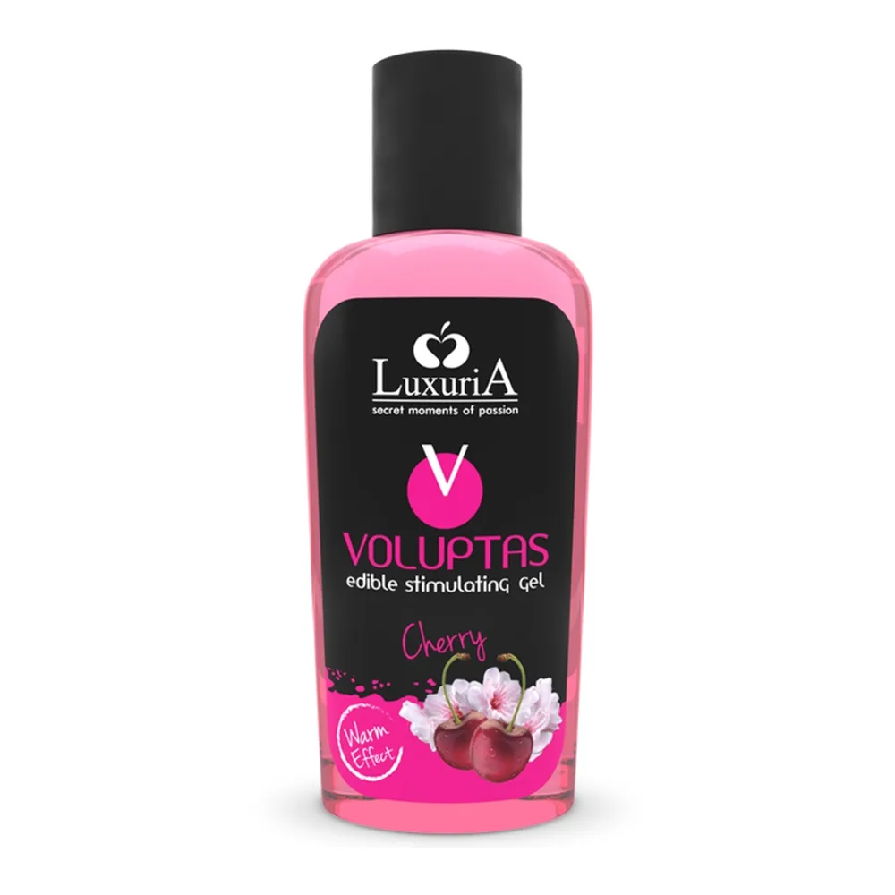 Flacon de gel de massage rose bonbon Voluptas saveur cerise, avec capuchon noir, étiquette noir et rose affichant le logo et les informations produit
