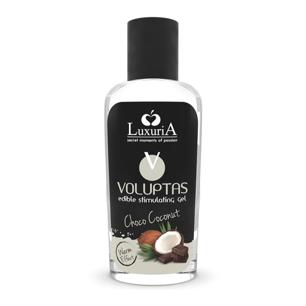 Flacon transparent de gel de massage Voluptas Choco Coconut de Luxuria, liquide blanc laiteux, étiquette noire avec illustration de chocolat et noix de coco, bouchon noir