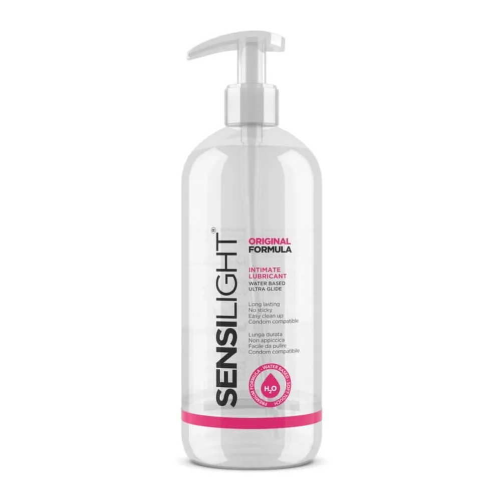 Flacon de lubrifiant à base d'eau Sensilight de 500 ml avec pompe doseuse, étiquette blanche et bande rose, compatible latex
