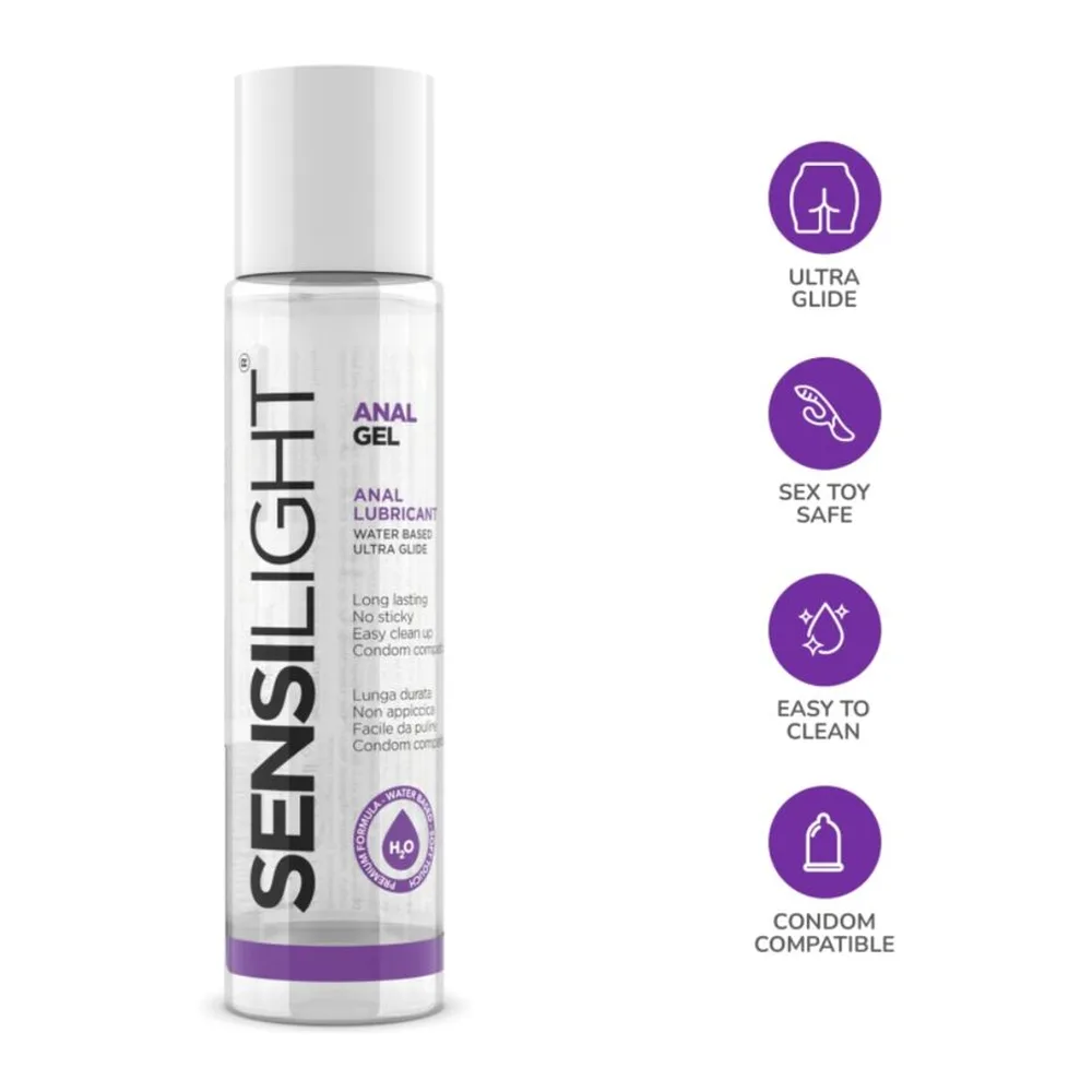 Flacon de lubrifiant anal Sensilight Gel à base d'eau, 250 ml, avec bouchon blanc et étiquette violette listant les caractéristiques ultra glisse, compatible jouets sexuels et préservatifs, facile à nettoyer