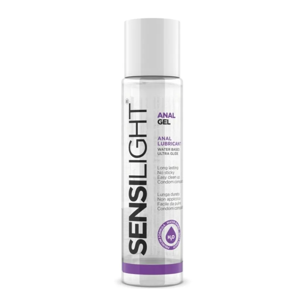 Flacon de lubrifiant anal Sensilight Gel à base d'eau, 250 ml, avec bouchon blanc et étiquette violette listant les caractéristiques ultra glisse, compatible jouets sexuels et préservatifs, facile à nettoyer