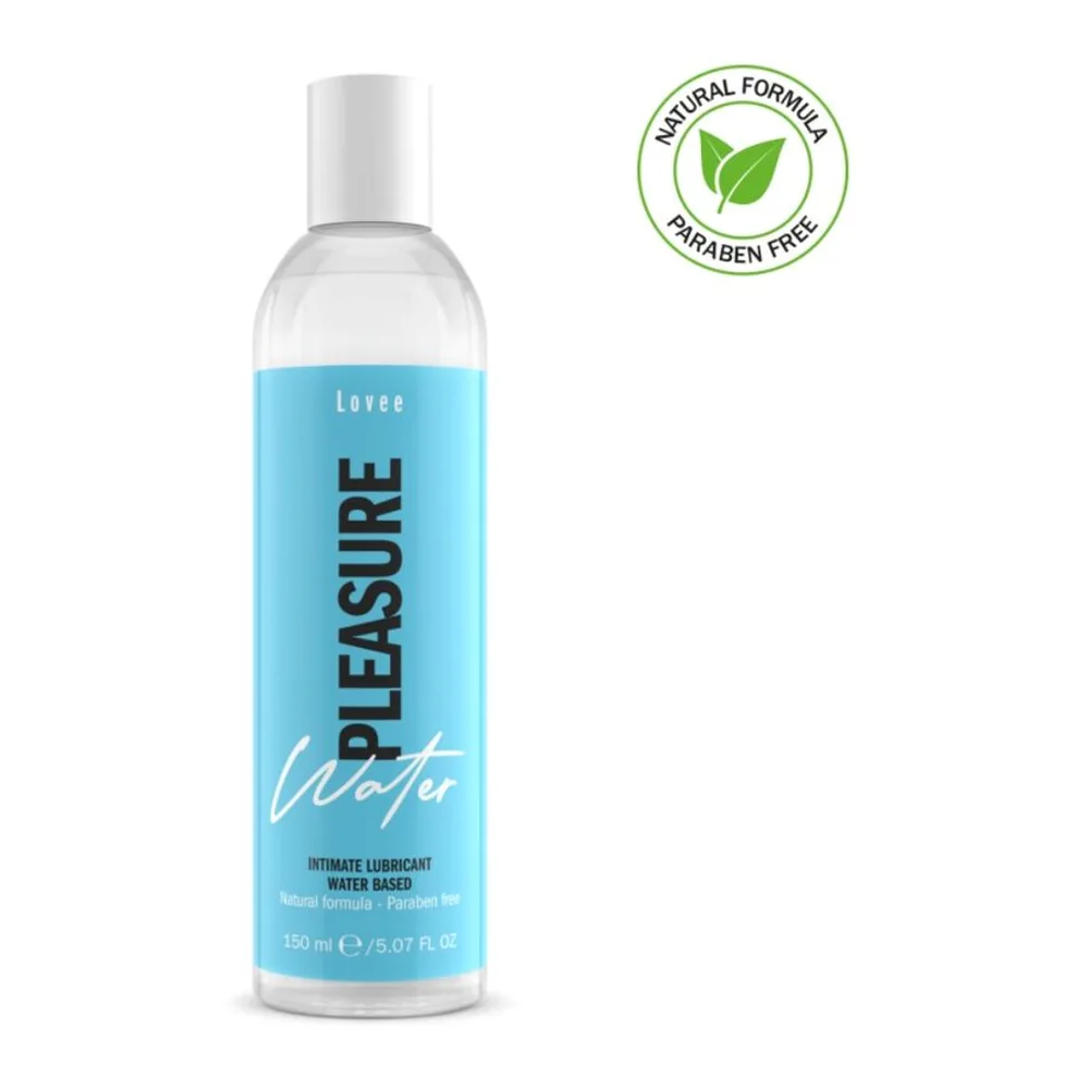 Flacon de lubrifiant Lovee Pleasure Water à base d'eau, 150 ml, avec bouchon blanc et étiquette bleu ciel, logo paraben free visible
