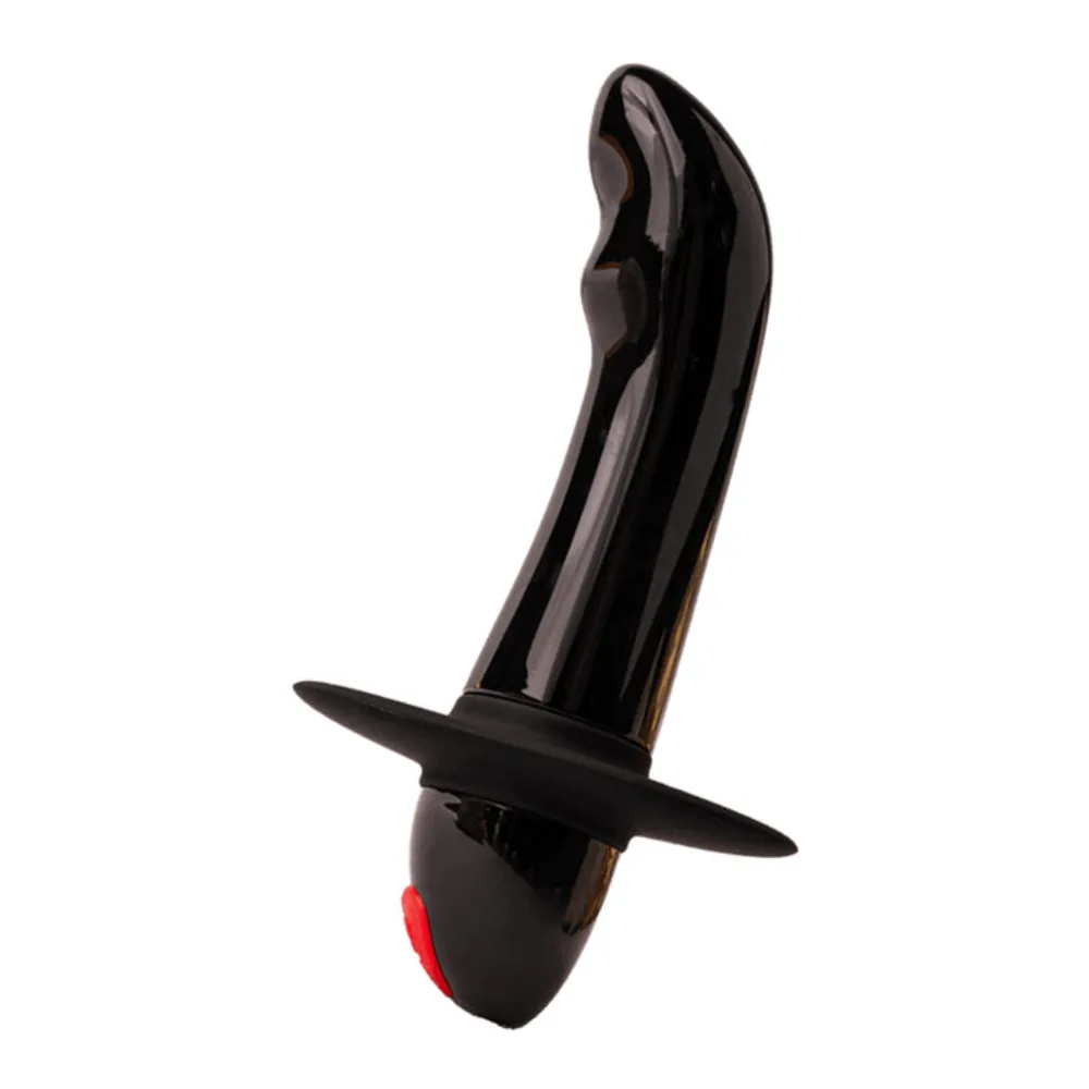 Stimulateur de prostate noir brillant avec embout incurvé, base large plate et anneau de maintien rouge à la base, sur fond blanc
