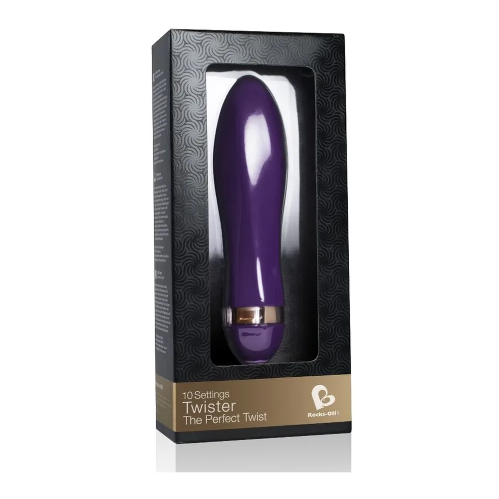 Emballage du vibrateur Twister avec fenêtre : boîte noire à motif géométrique, bandeau doré, contenant un vibromasseur violet en silicone aux formes arrondies et surface brillante