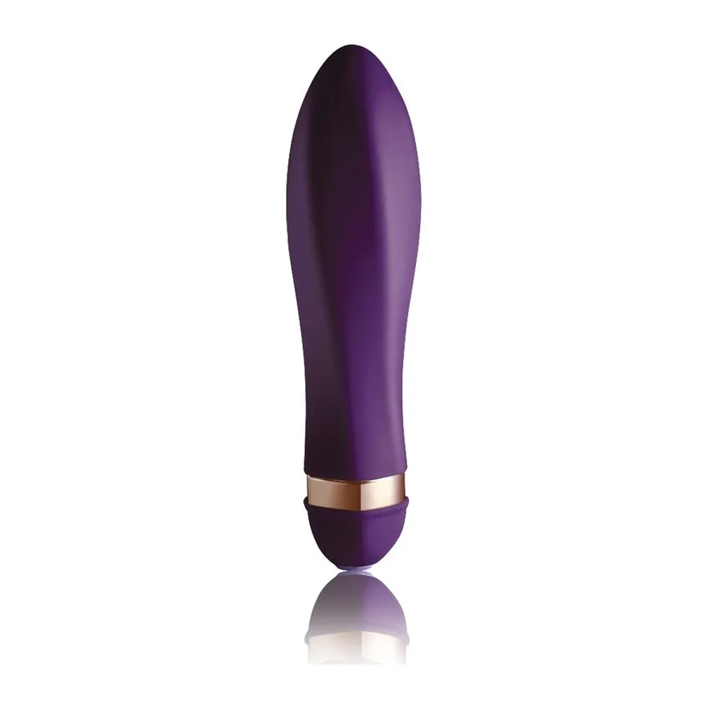 Emballage du vibrateur Twister avec fenêtre : boîte noire à motif géométrique, bandeau doré, contenant un vibromasseur violet en silicone aux formes arrondies et surface brillante