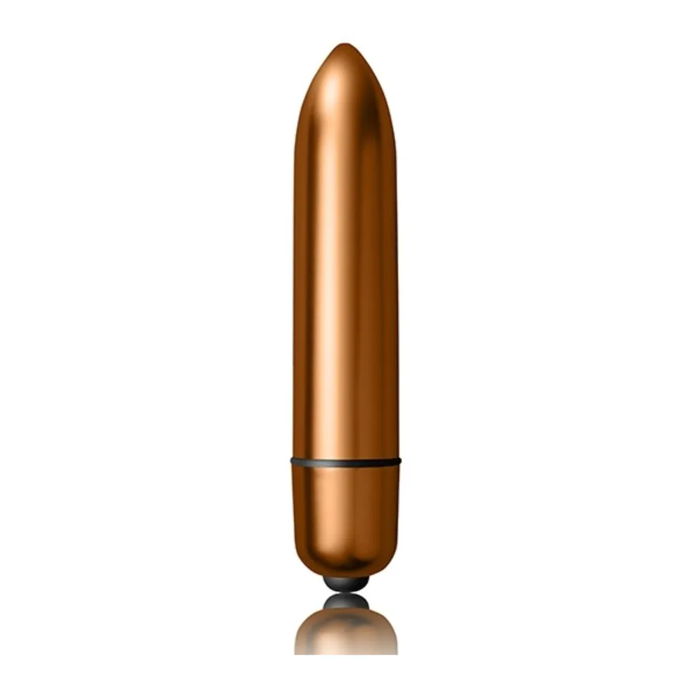 Vibromasseur compact en silicone de couleur bronze métallisé, forme fuselée avec pointe arrondie, bandeau noir de contrôle au centre, sur fond blanc